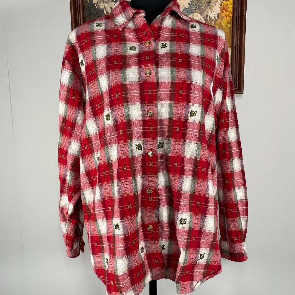Vintage Casey & Max Button Up Shirt Top Women's Large Red White Plaid Casual VTG